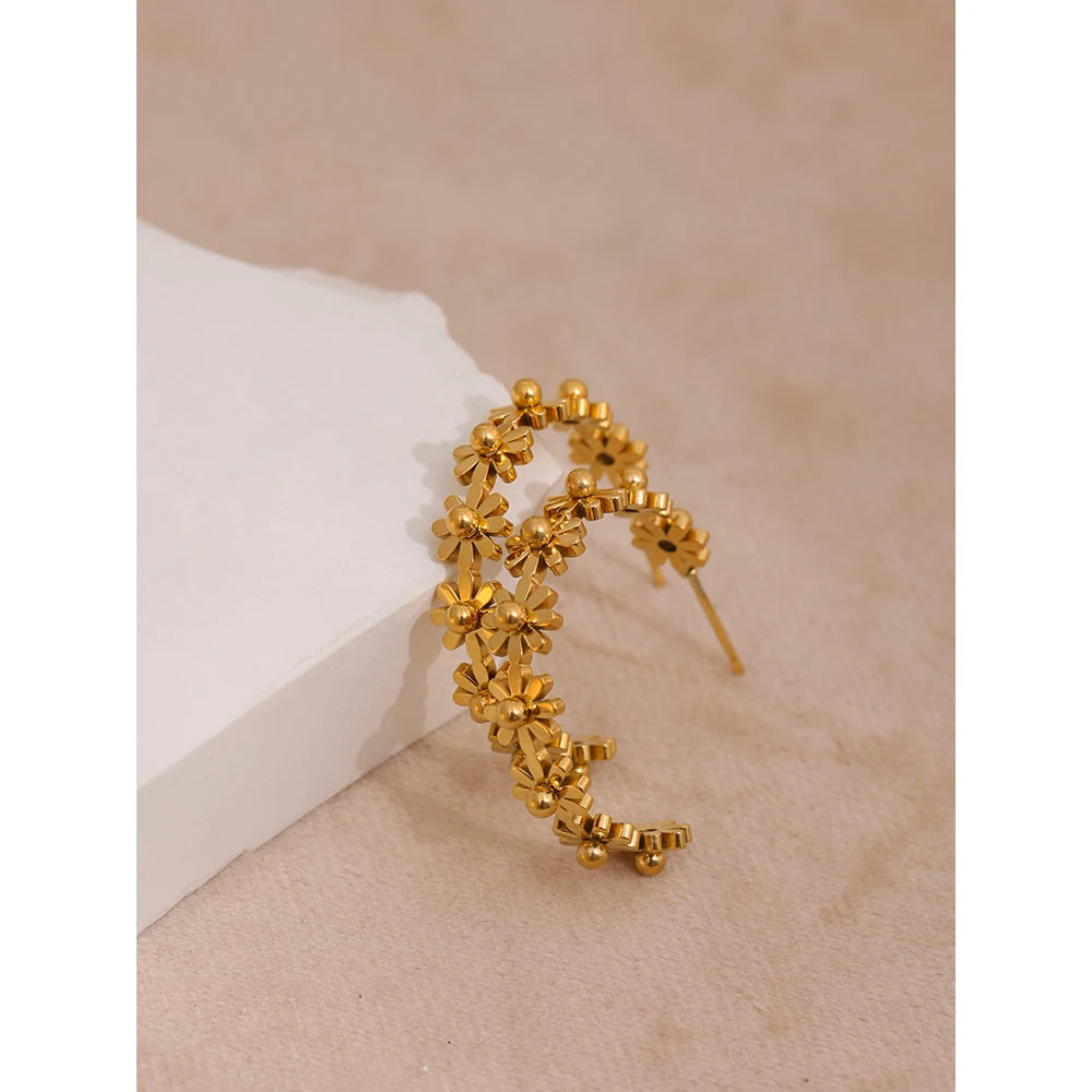 Trendy Golden Metal Round Flower Hoop Earrings