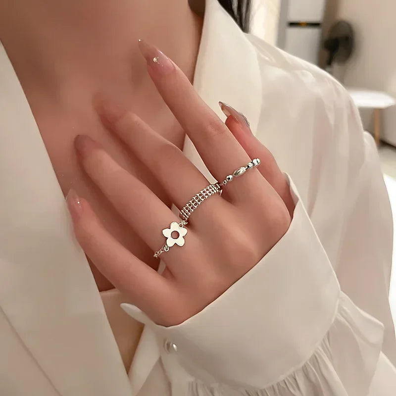 Adjustable Flower and Beaded Rings