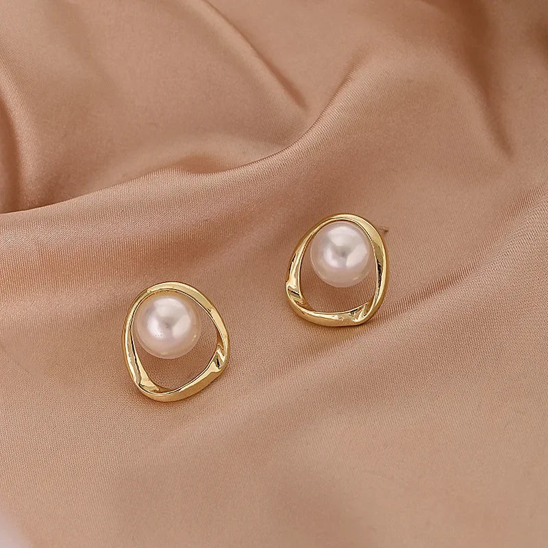 Elegant Gold Faux Pearl Round Stud Earrings