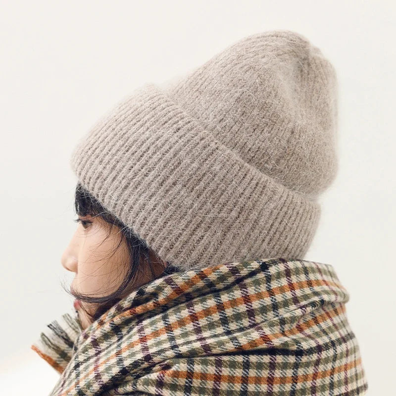 Winter Angola Rabbit Fur Knitted Beanies For Women Fashion Solid Warm Cashmere Wool Skullies Cap Female Three Fold Thick Hats