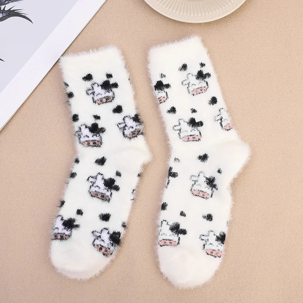 Kawaii Cow Print Plush Velvet Winter Socks