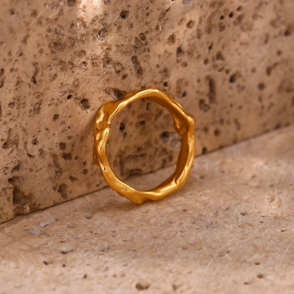 Irregular Water Wave Hammered Gold Plated Ring