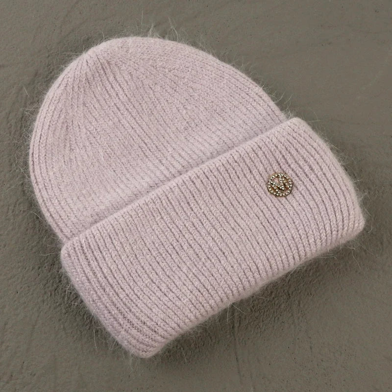 Winter Angola Rabbit Fur Knitted Beanies For Women Fashion Solid Warm Cashmere Wool Skullies Cap Female Three Fold Thick Hats
