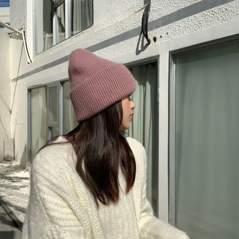 Winter Angola Rabbit Fur Knitted Beanies For Women Fashion Solid Warm Cashmere Wool Skullies Cap Female Three Fold Thick Hats