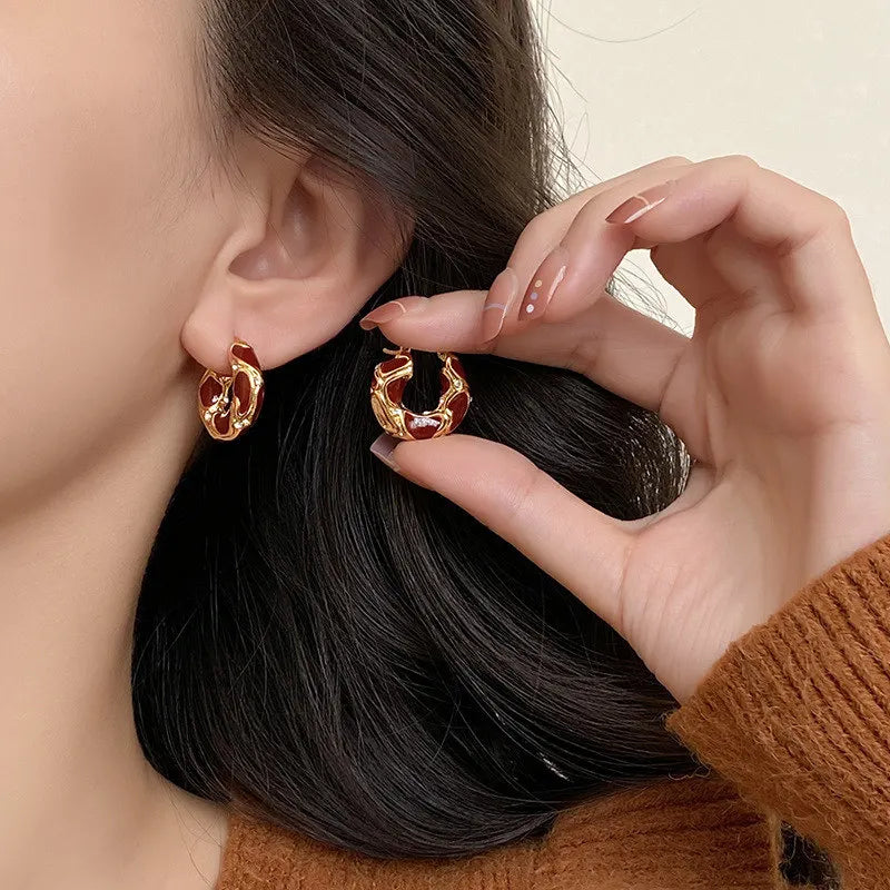 French Light Luxury Enamel Thick Rhinestone Hoop Earrings