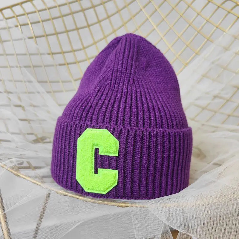 Unisex Winter Knitted Beanie with Big "C" Letter - Available in Multiple Colors