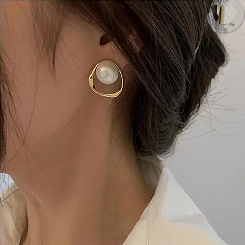 Elegant Gold Faux Pearl Round Stud Earrings