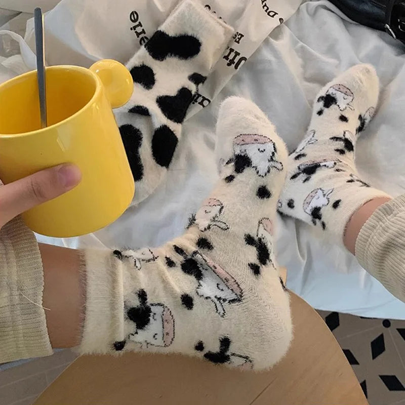 Kawaii Cow Print Plush Velvet Winter Socks