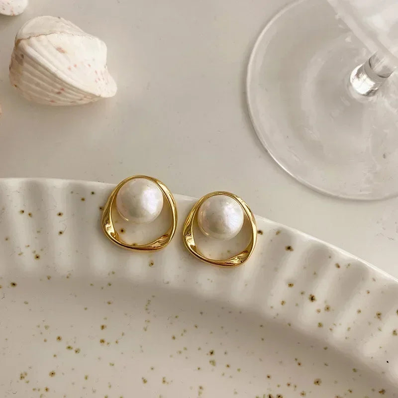 Elegant Gold Faux Pearl Round Stud Earrings