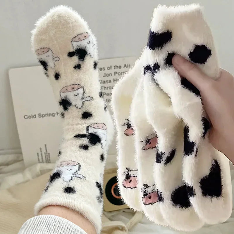 Kawaii Cow Print Plush Velvet Winter Socks