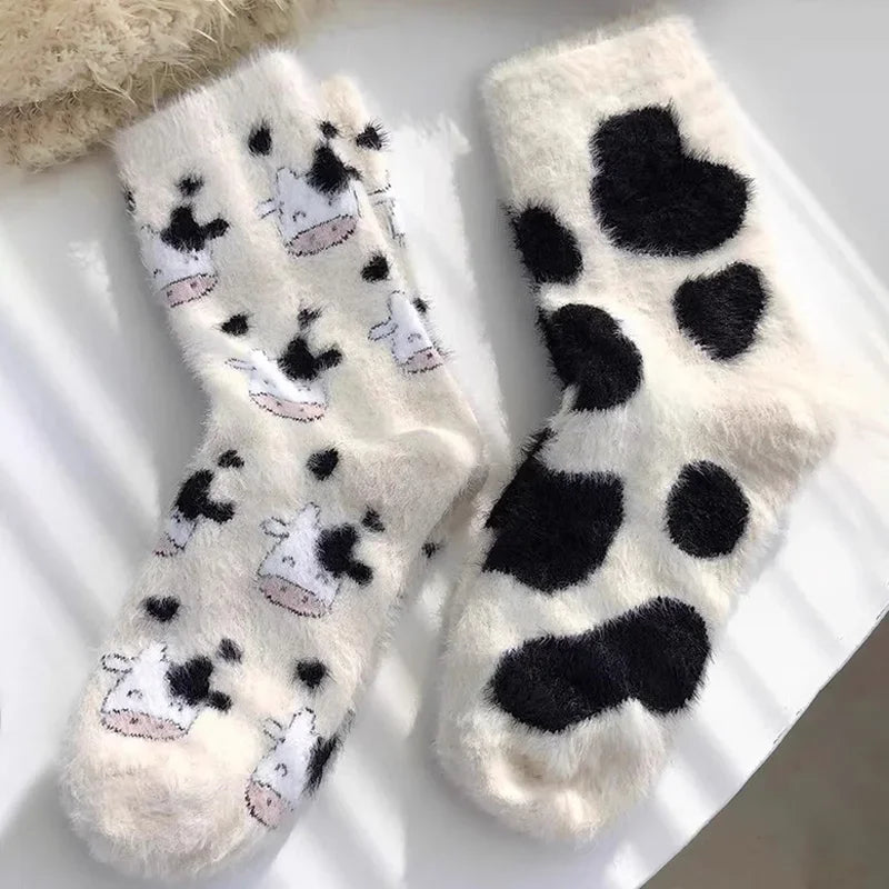 Kawaii Cow Print Plush Velvet Winter Socks