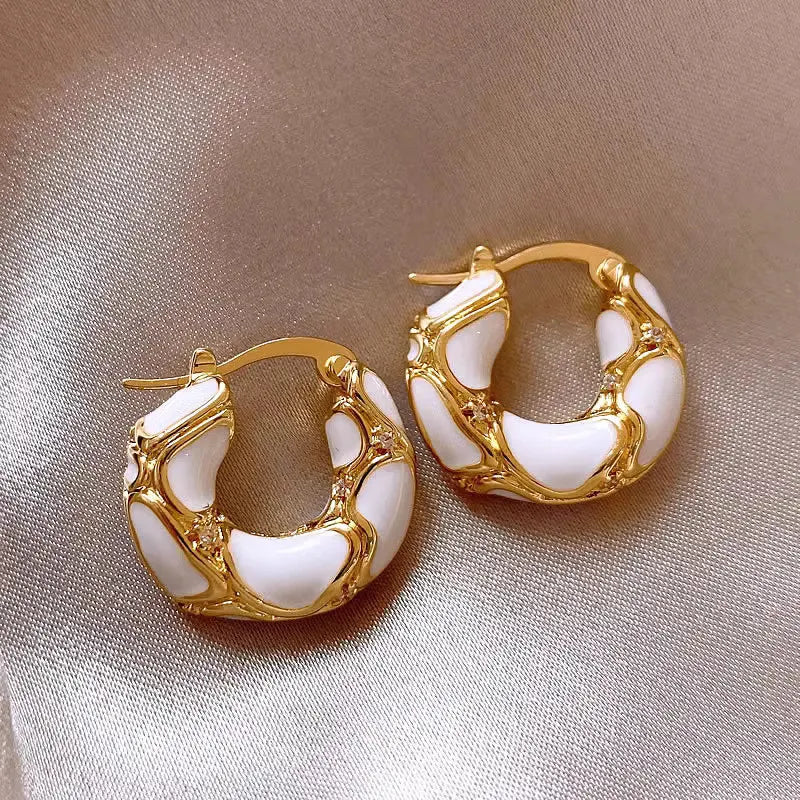 French Light Luxury Enamel Thick Rhinestone Hoop Earrings
