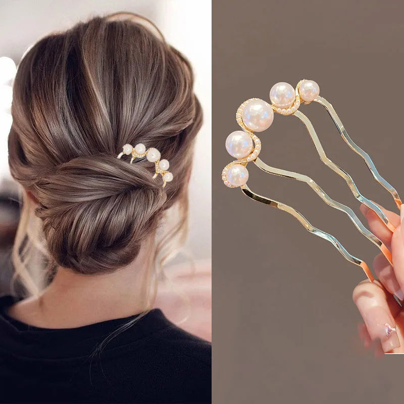 Elegant Metal U-Shaped Hair Stick Clips with Faux Pearl Accents