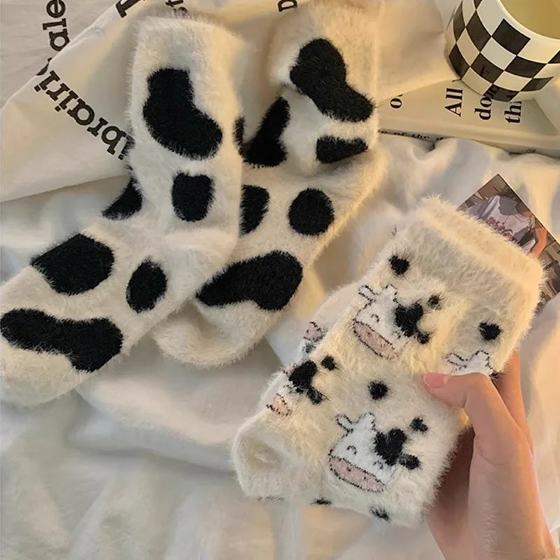Kawaii Cow Print Plush Velvet Winter Socks