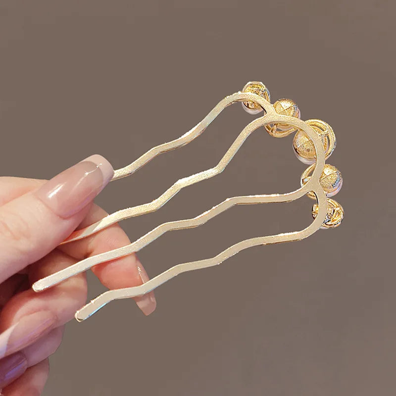 Elegant Metal U-Shaped Hair Stick Clips with Faux Pearl Accents