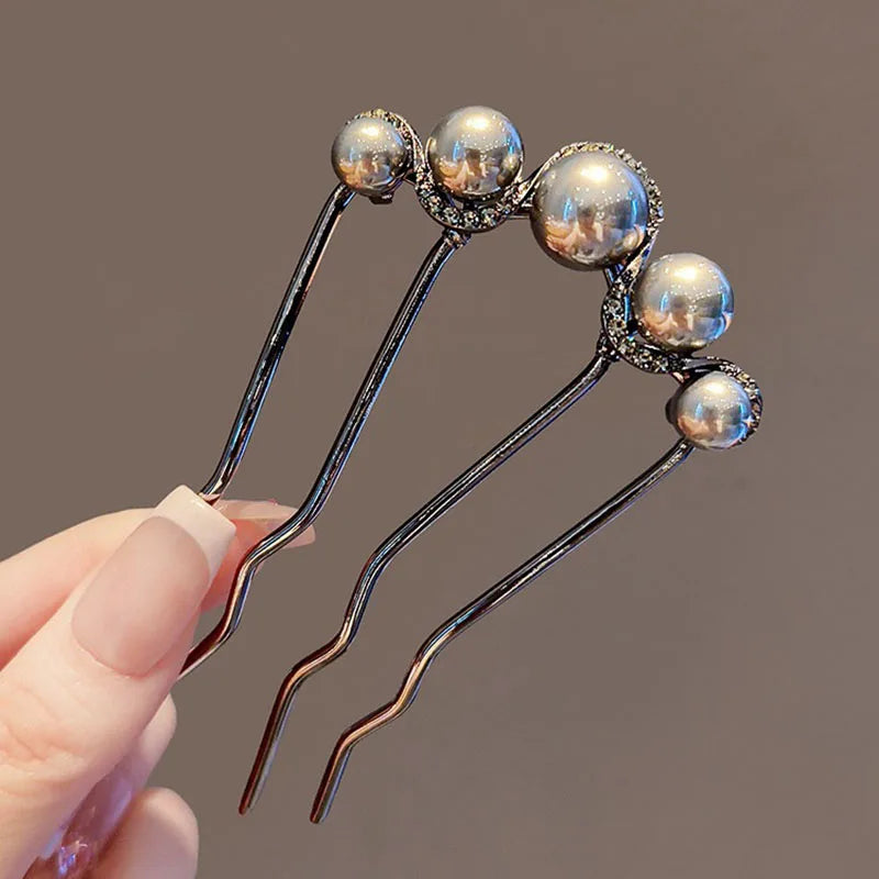 Elegant Metal U-Shaped Hair Stick Clips with Faux Pearl Accents
