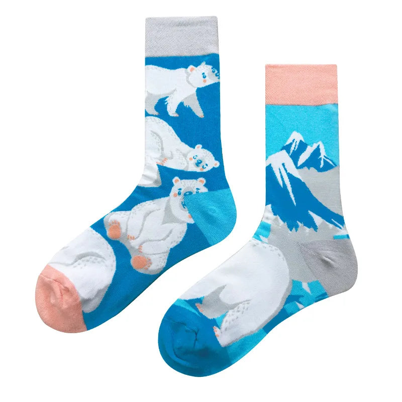 New Fashion Socks AB Asymmetric Mandarin Duck Socks for Men and Women Medium High Tube Cotton Socks