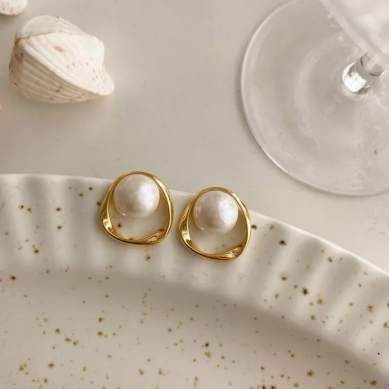 Elegant Gold Faux Pearl Round Stud Earrings