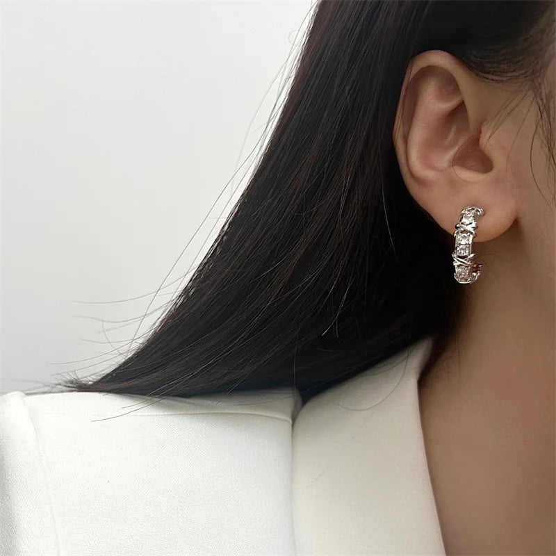 Chic Inlaid X-Shape Cross C-Shaped Earrings
