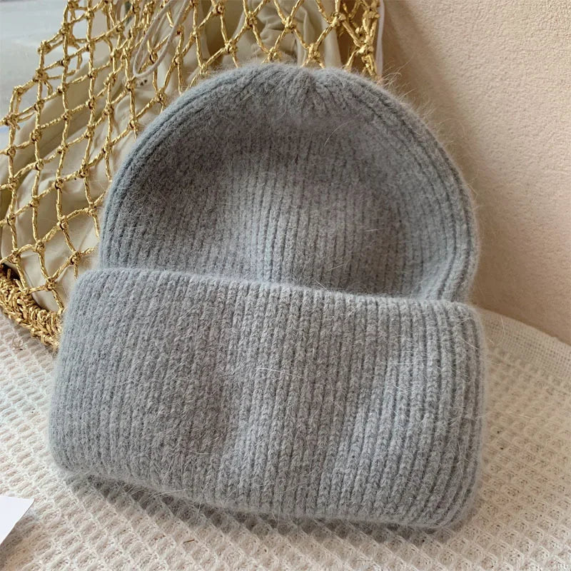 Winter Angola Rabbit Fur Knitted Beanies For Women Fashion Solid Warm Cashmere Wool Skullies Cap Female Three Fold Thick Hats