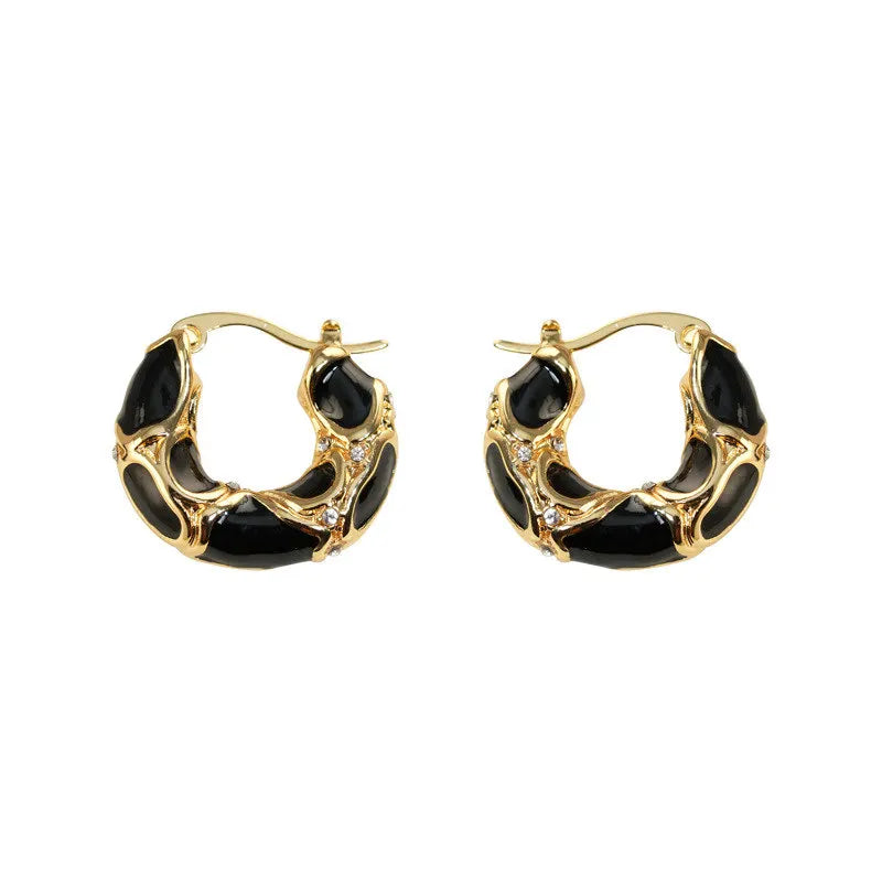 French Light Luxury Enamel Thick Rhinestone Hoop Earrings