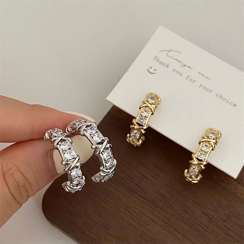 Chic Inlaid X-Shape Cross C-Shaped Earrings