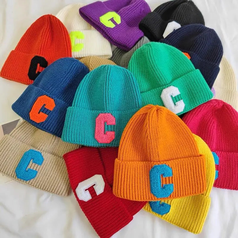 Unisex Winter Knitted Beanie with Big "C" Letter - Available in Multiple Colors