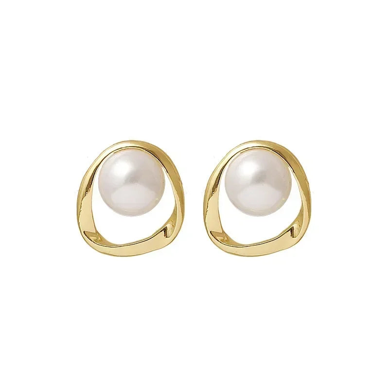Elegant Gold Faux Pearl Round Stud Earrings