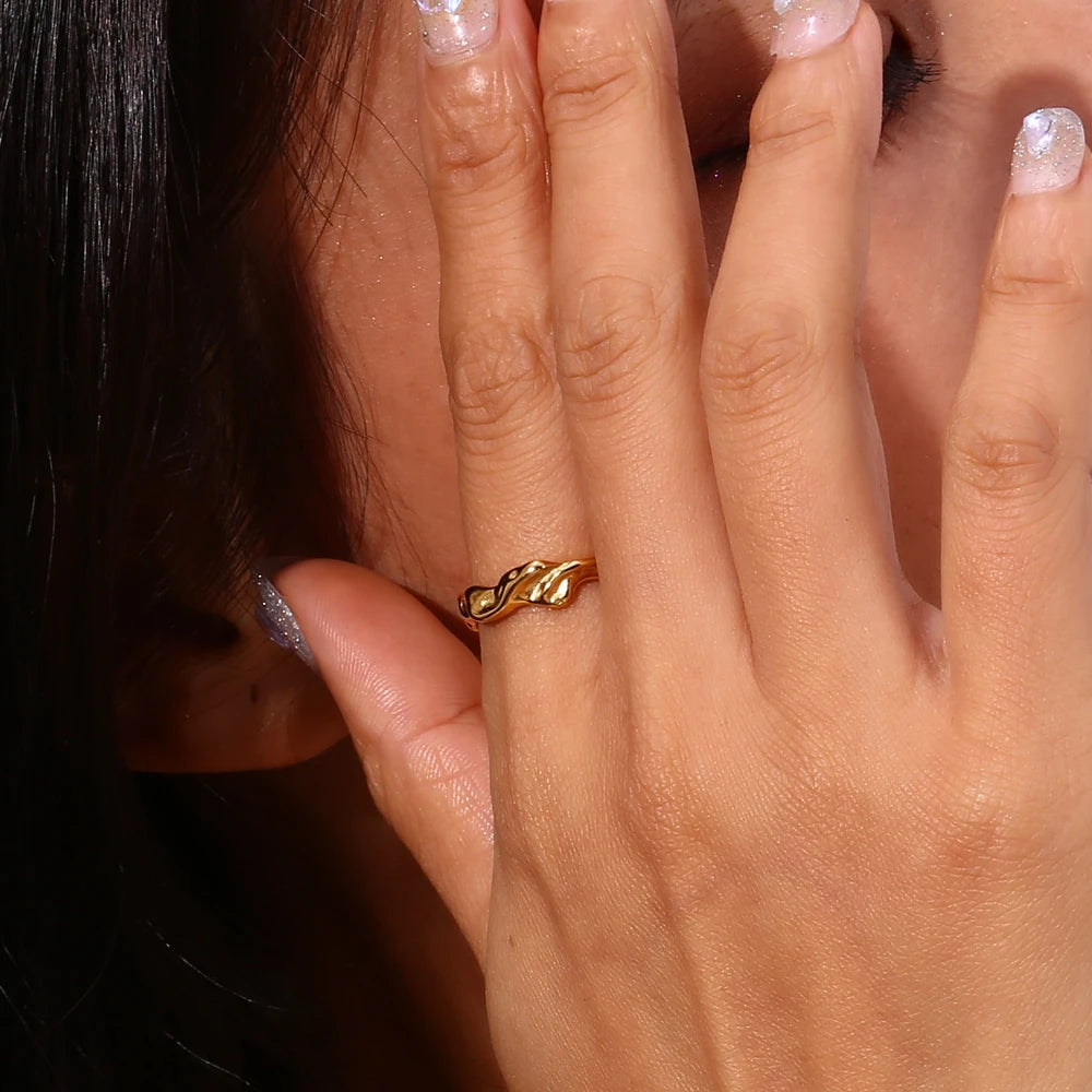Irregular Water Wave Hammered Gold Plated Ring