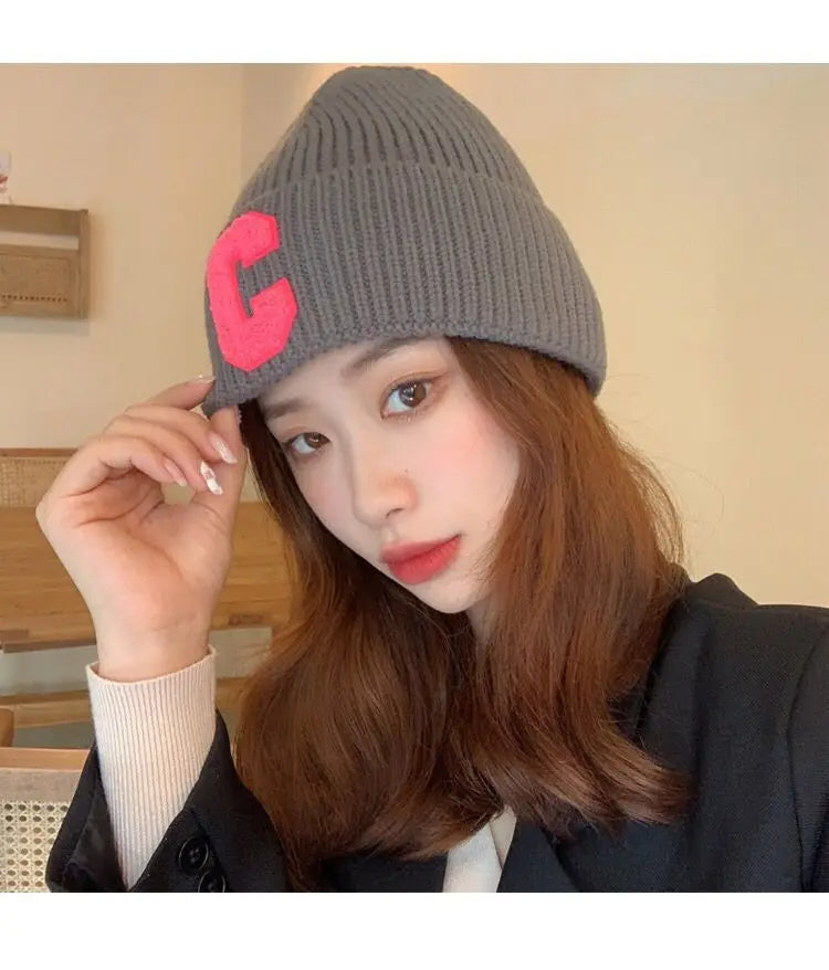 Unisex Winter Knitted Beanie with Big "C" Letter - Available in Multiple Colors