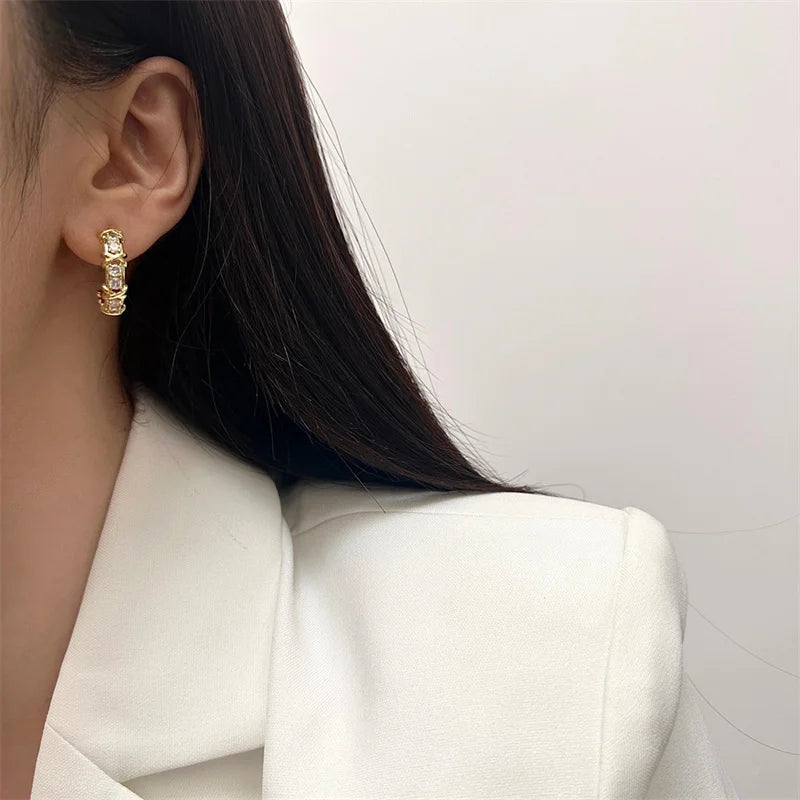 Chic Inlaid X-Shape Cross C-Shaped Earrings