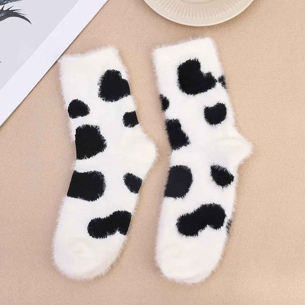 Kawaii Cow Print Plush Velvet Winter Socks