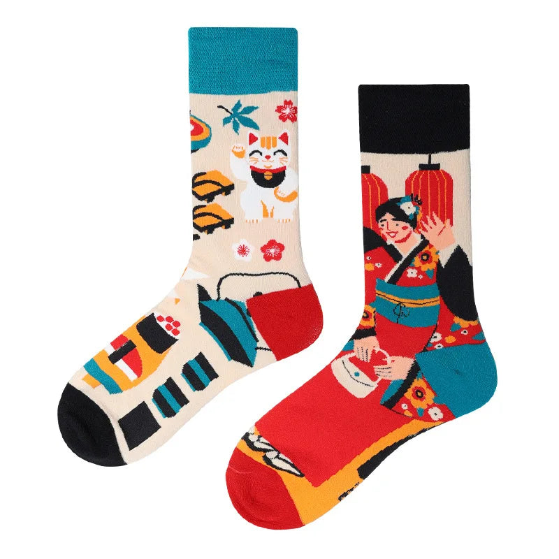 New Fashion Socks AB Asymmetric Mandarin Duck Socks for Men and Women Medium High Tube Cotton Socks