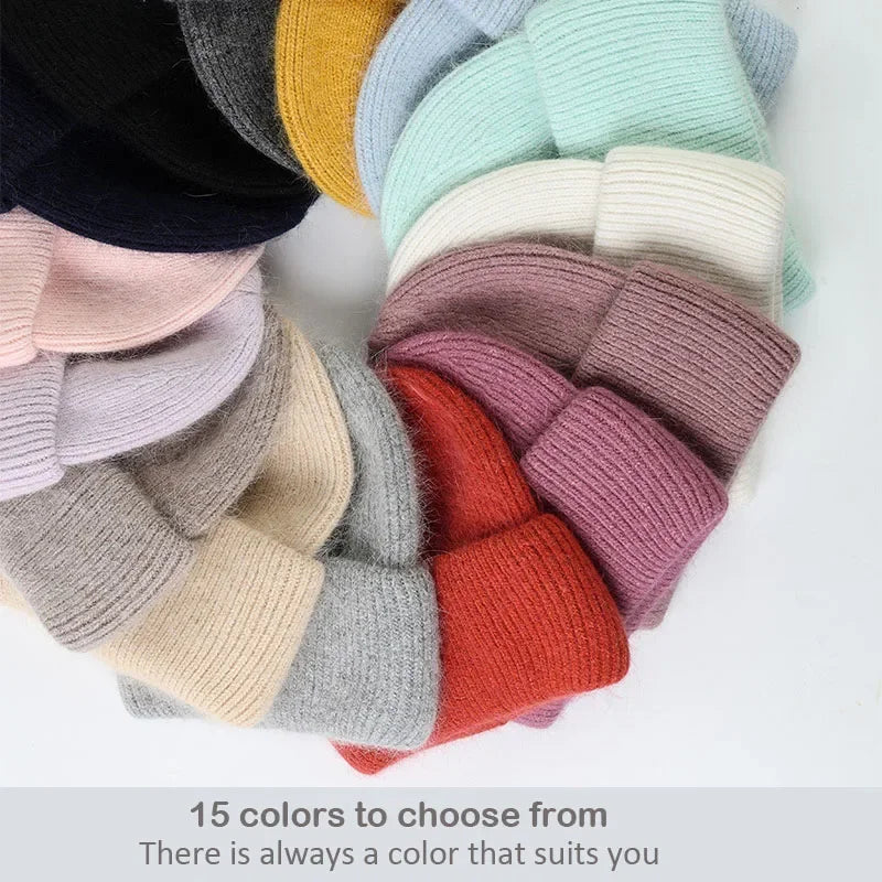 Winter Angola Rabbit Fur Knitted Beanies For Women Fashion Solid Warm Cashmere Wool Skullies Cap Female Three Fold Thick Hats