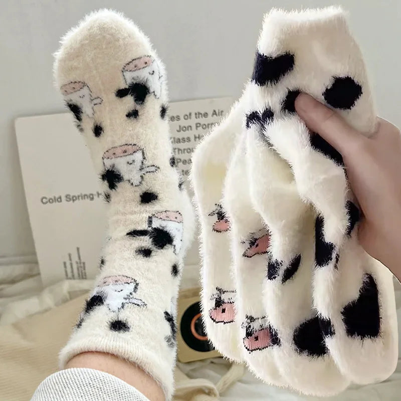 Kawaii Cow Print Plush Velvet Winter Socks