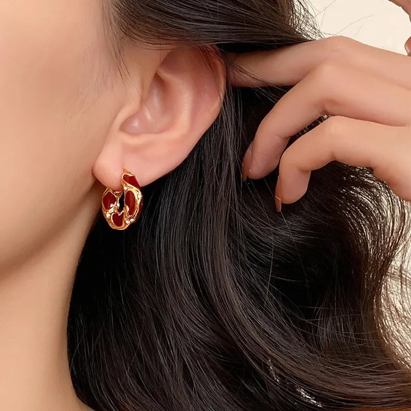 French Light Luxury Enamel Thick Rhinestone Hoop Earrings