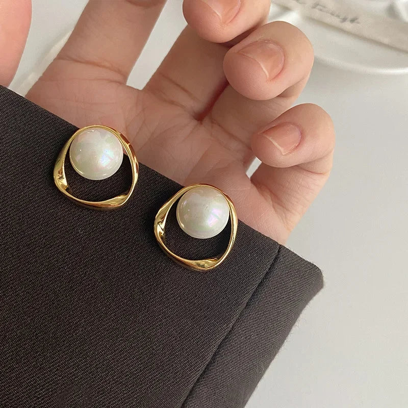 Elegant Gold Faux Pearl Round Stud Earrings
