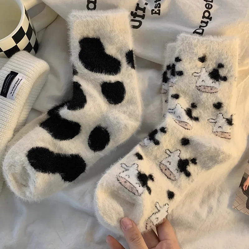Kawaii Cow Print Plush Velvet Winter Socks