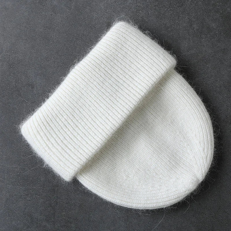 Winter Angola Rabbit Fur Knitted Beanies For Women Fashion Solid Warm Cashmere Wool Skullies Cap Female Three Fold Thick Hats