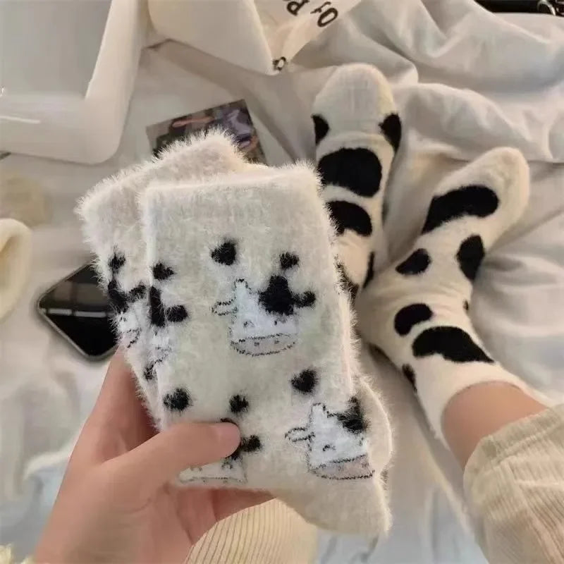 Kawaii Cow Print Plush Velvet Winter Socks