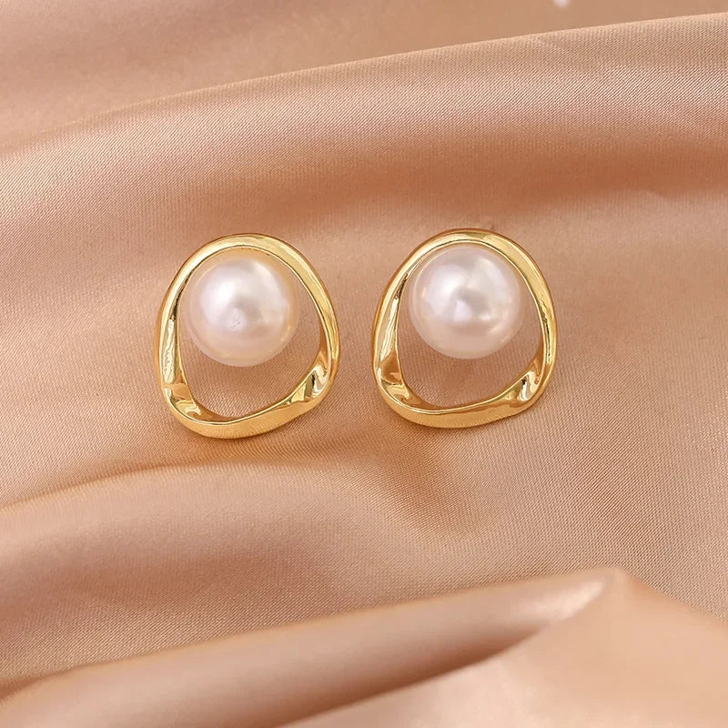 Elegant Gold Faux Pearl Round Stud Earrings