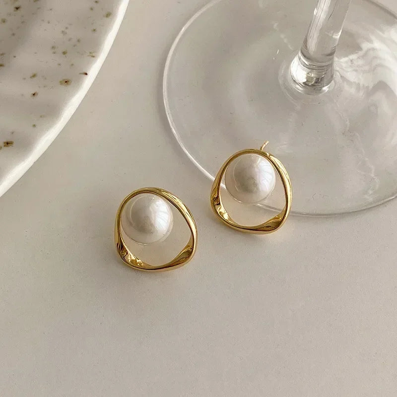 Elegant Gold Faux Pearl Round Stud Earrings