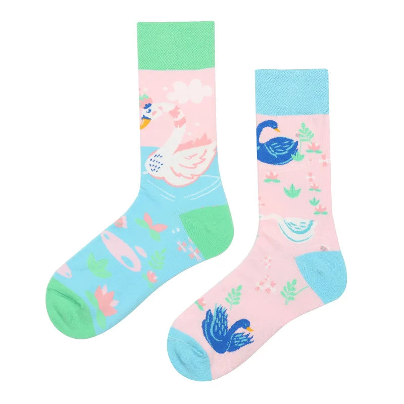 New Fashion Socks AB Asymmetric Mandarin Duck Socks for Men and Women Medium High Tube Cotton Socks