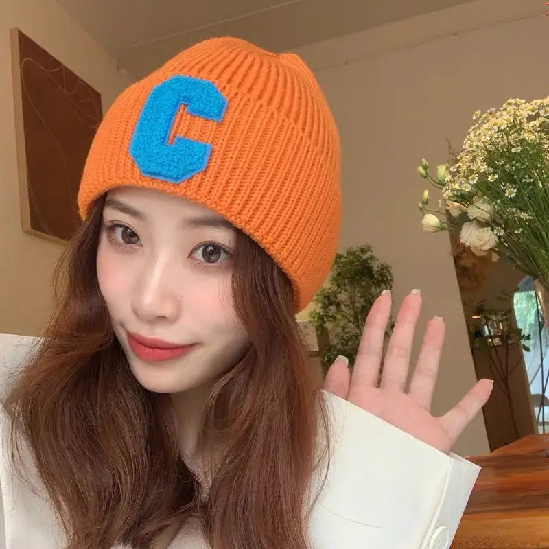 Unisex Winter Knitted Beanie with Big "C" Letter - Available in Multiple Colors