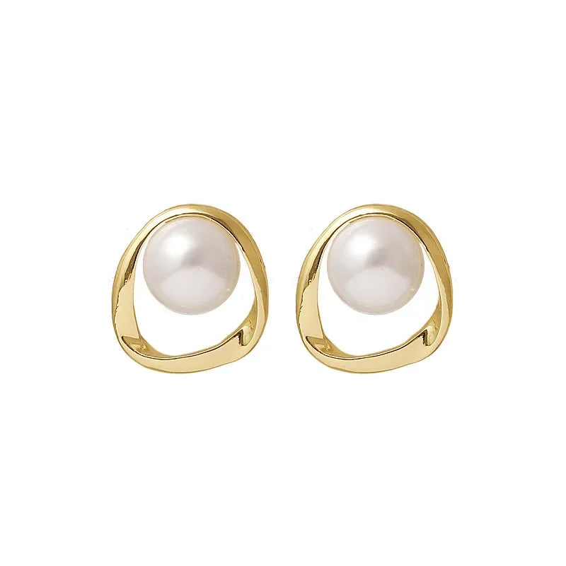 Elegant Gold Faux Pearl Round Stud Earrings