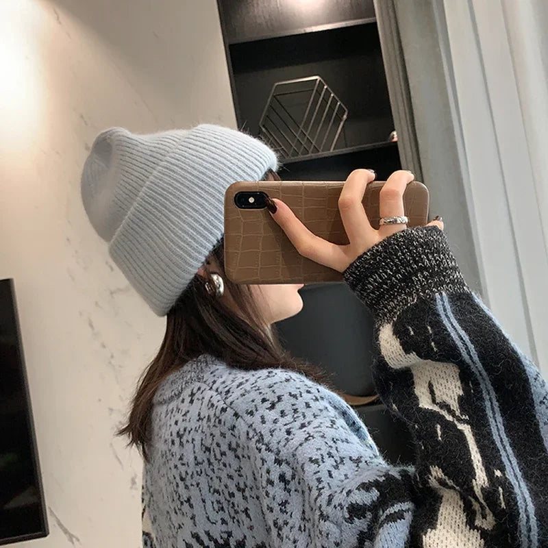 Winter Angola Rabbit Fur Knitted Beanies For Women Fashion Solid Warm Cashmere Wool Skullies Cap Female Three Fold Thick Hats