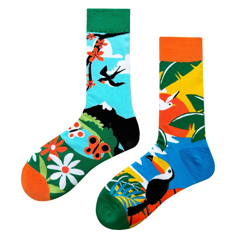 New Fashion Socks AB Asymmetric Mandarin Duck Socks for Men and Women Medium High Tube Cotton Socks