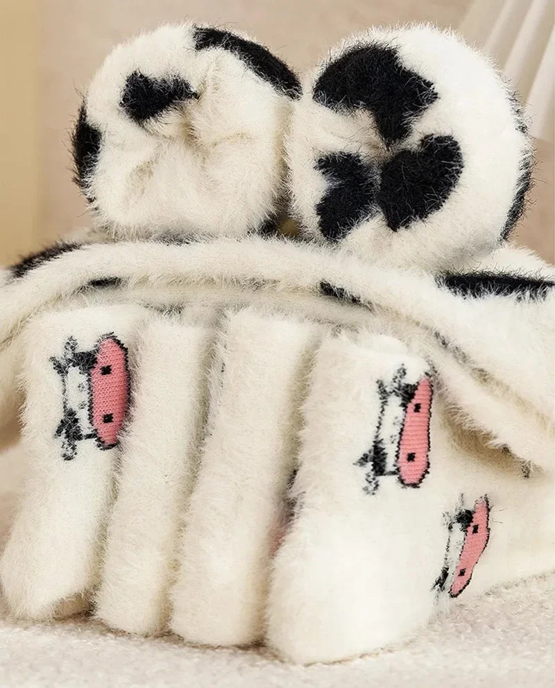 Kawaii Cow Print Plush Velvet Winter Socks