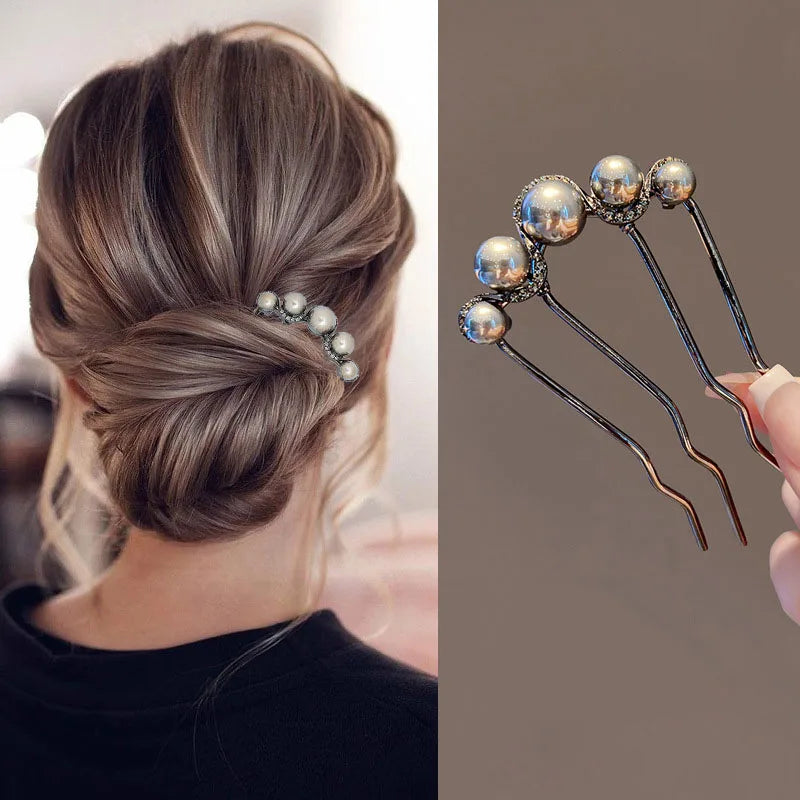 Elegant Metal U-Shaped Hair Stick Clips with Faux Pearl Accents