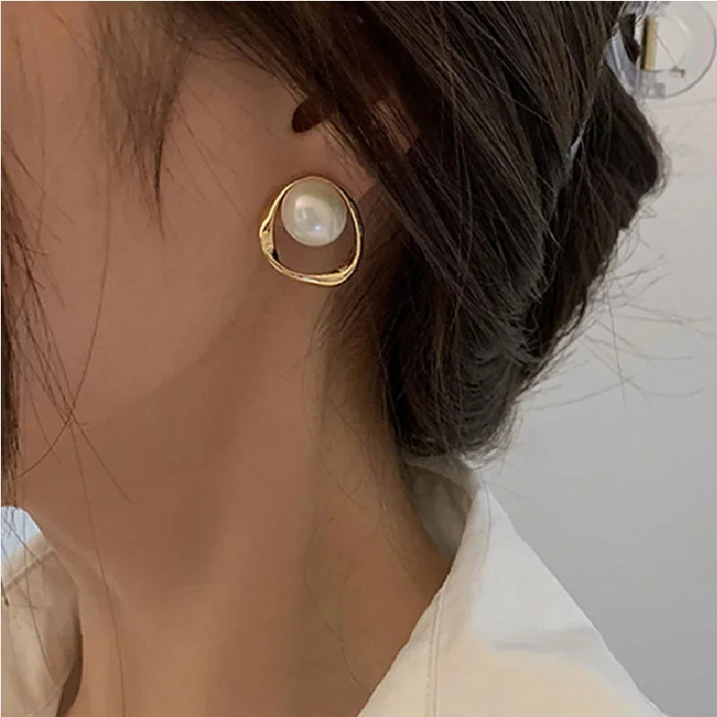 Elegant Gold Faux Pearl Round Stud Earrings